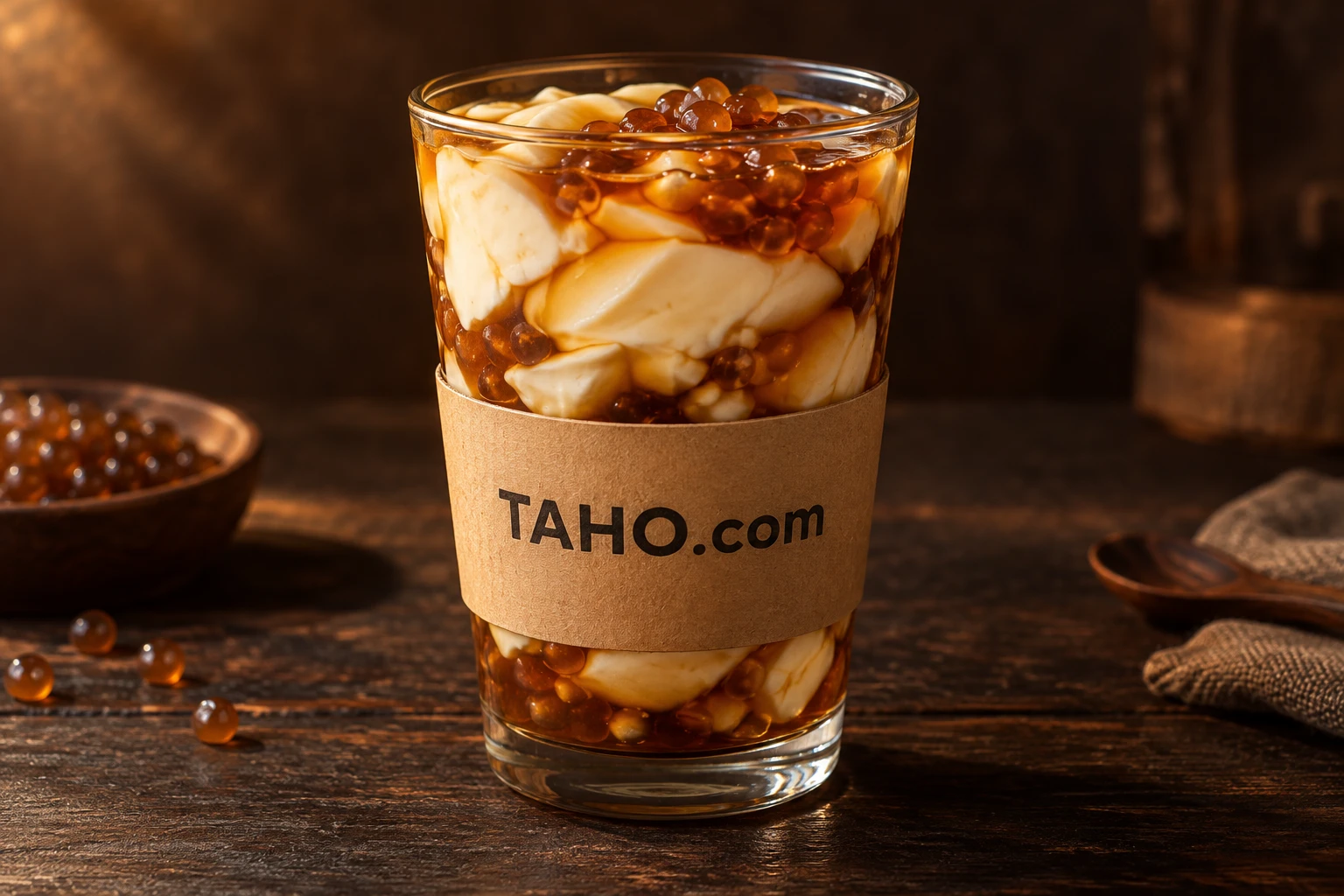 A taho dessert cup with TAHO.com printed on its sleeve